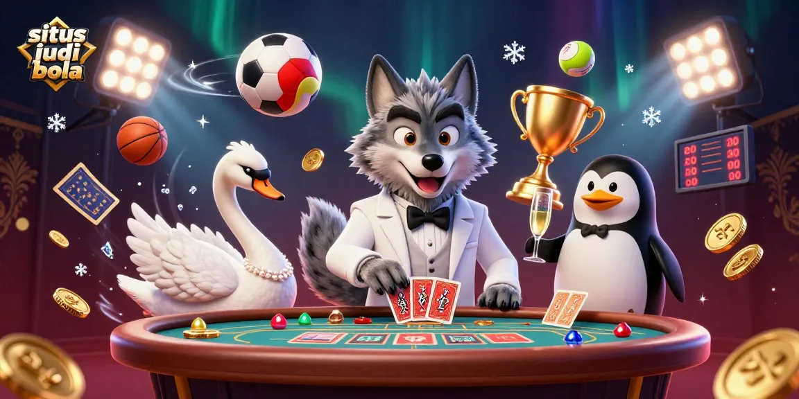 Win big on situs judi bola with an animated scene featuring a glamorous baccarat table and vibrant sports elements.