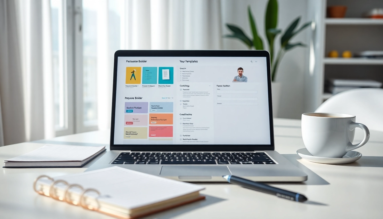 Craft a standout resume with the Resume Builder software showcased on a laptop in a clean workspace.