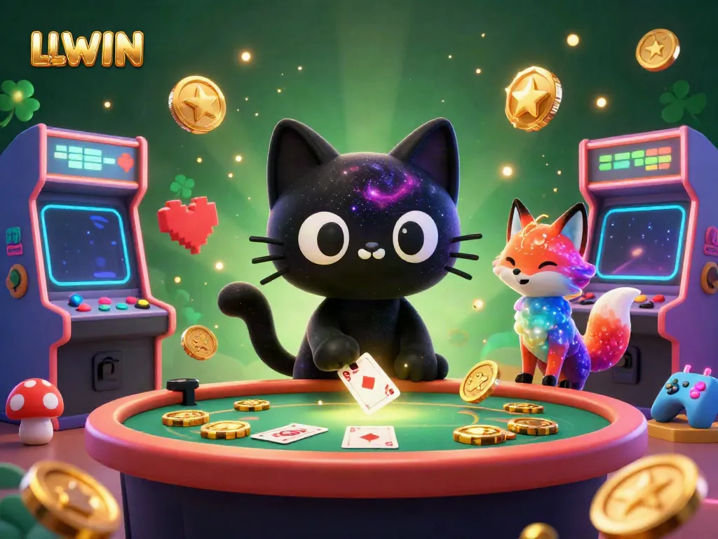 Experience thrilling adventures at the LLWIN cosmic casino with a captivating 3D cartoon design featuring a black hole cat and nebula fox.