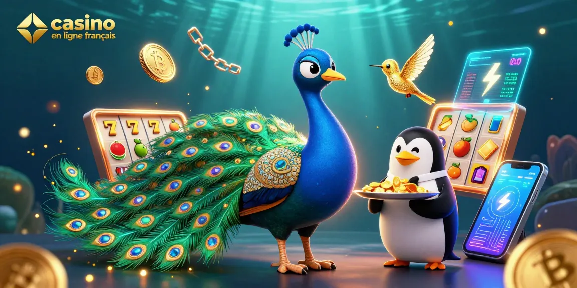 La scène dynamique présente une illustration 3D de casino en ligne français avec un paon aristocratique et un pingouin serveur.