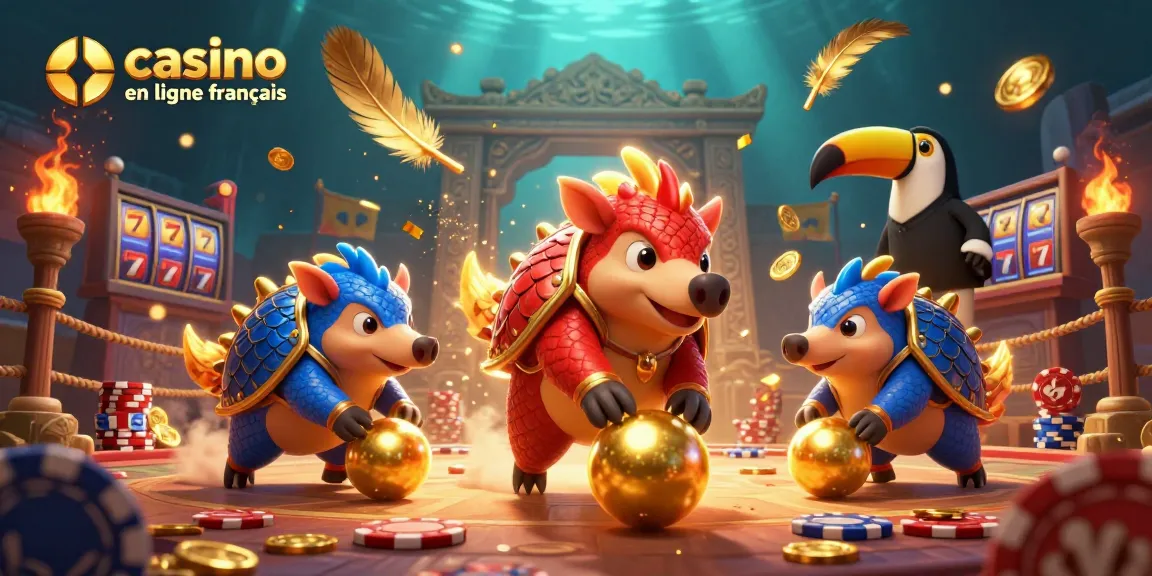 Des pangolins en compétition à un casino en ligne francais, jouant avec des jetons et des boules d'or.