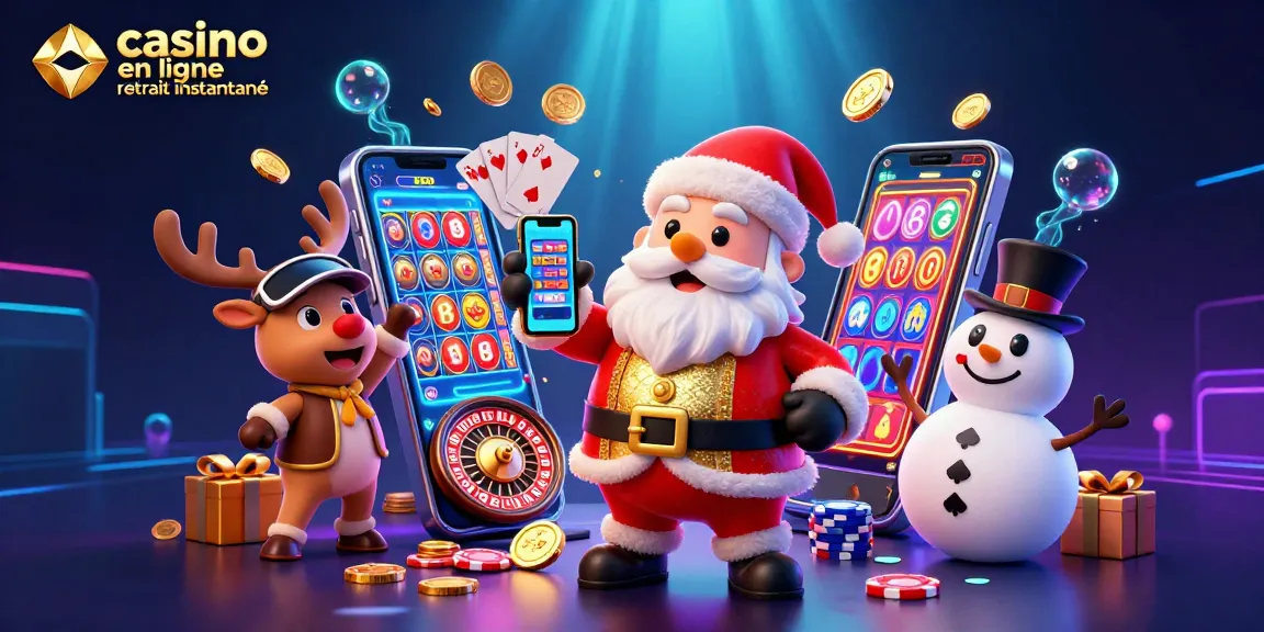 Découvrez l'excitation du casino en ligne retrait instantané avec Santa, un renne dealer, et un bonhomme de neige, dans une scène festive.