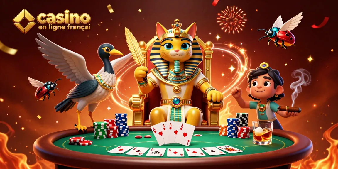 Illustration captivante d'un casino en ligne français avec un pharaon égyptien et des éléments de jeu.