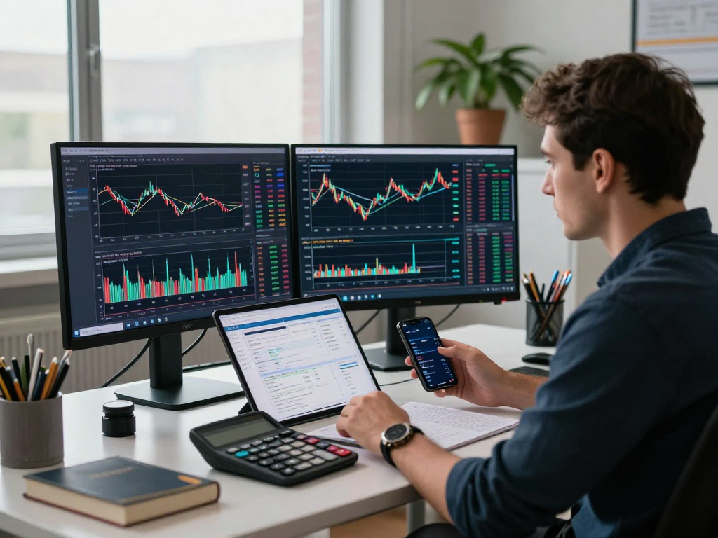 TradingView trading workspace with multiple screens displaying charts, alerts, and trading strategies in a modern office setting.