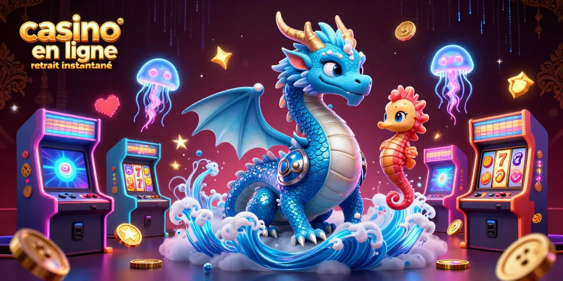 Casino en ligne retrait instantané, dragon azur et chevalier hippocampe jouant autour des machines à sous colorées.