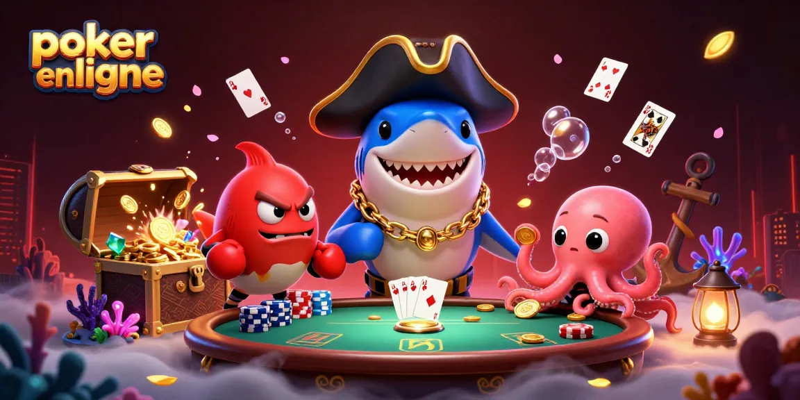 Jouez au poker en ligne avec une illustration dynamique de personnages marins colorés, capturant l'essence du jeu.