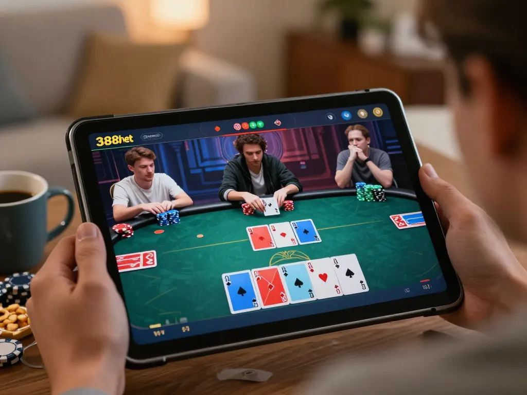 Engaging online poker action on 388bet's platform with players' reactions and vibrant visuals.