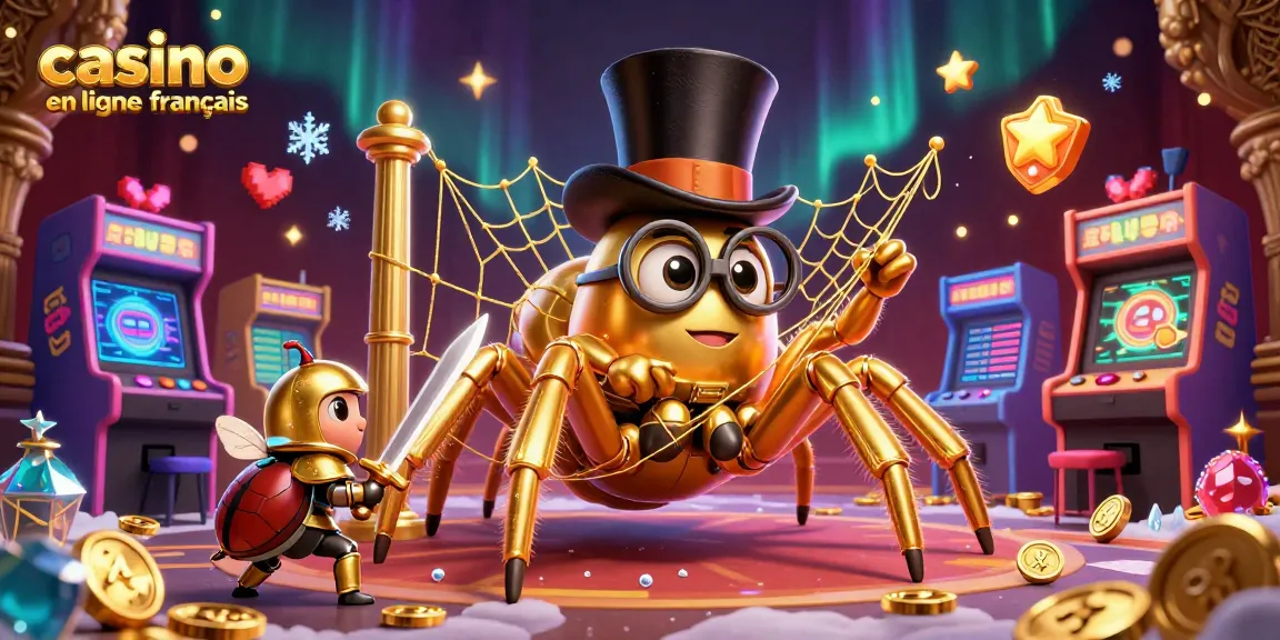 Illustration captivante de casino en ligne français avec araignée dorée et chevalier, ambiance enjouée.
