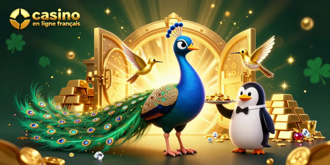 Profitez d'une expérience immersive avec casino en ligne français illustré par un paon aristocratique.