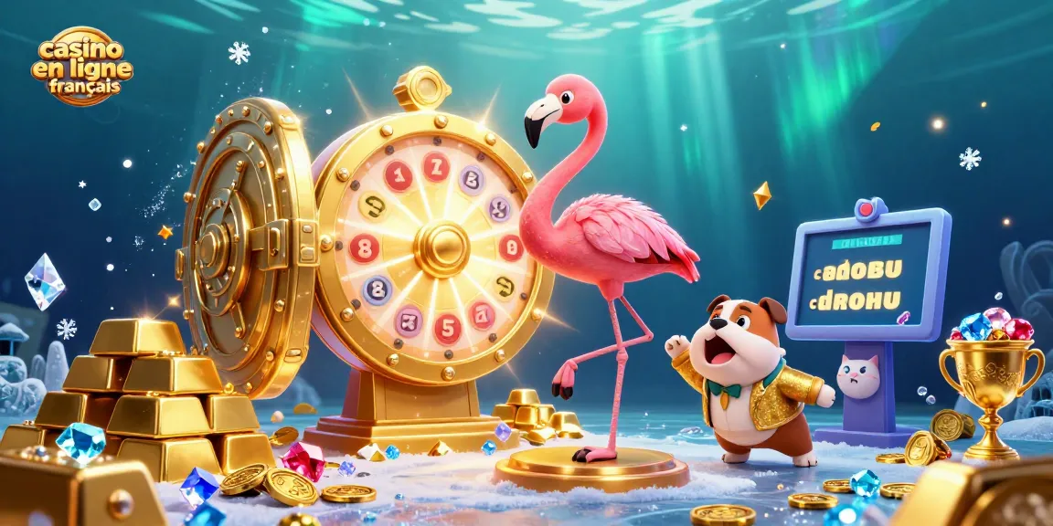 Visuel coloré captivant de jeu avec un flamant rose animateur, un bulldog joueur et un chat assistant, représentant le casino en ligne français