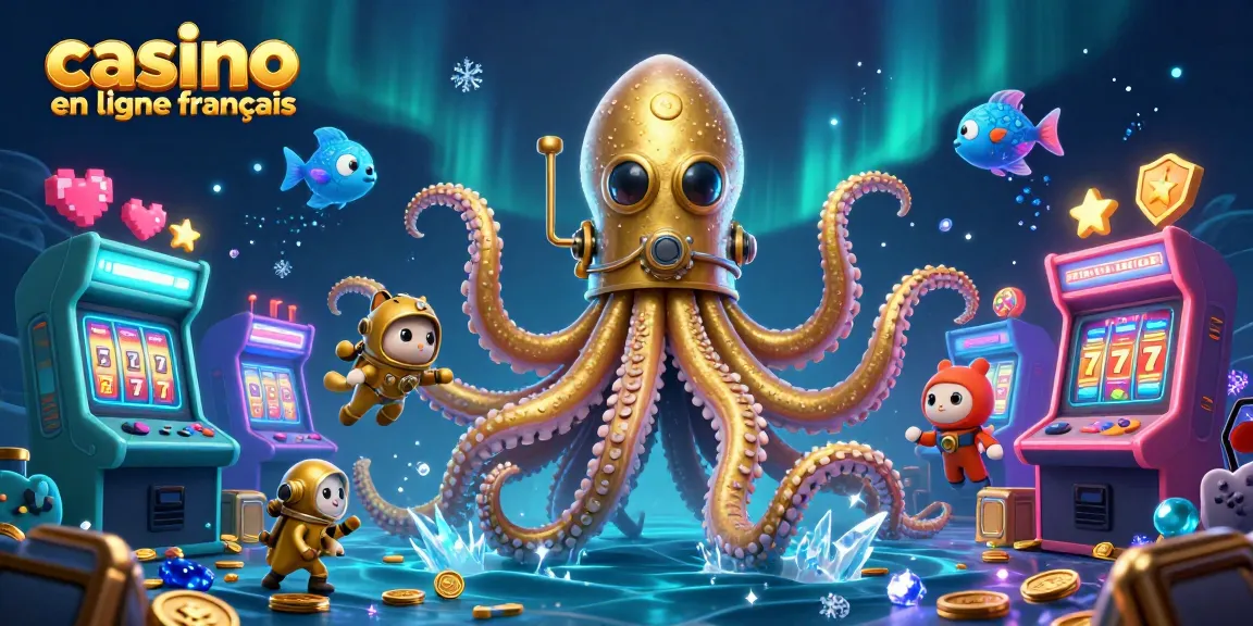 Illustration captivante de "casino en ligne français" avec kraken, chat plongeur et poissons lumineux.
