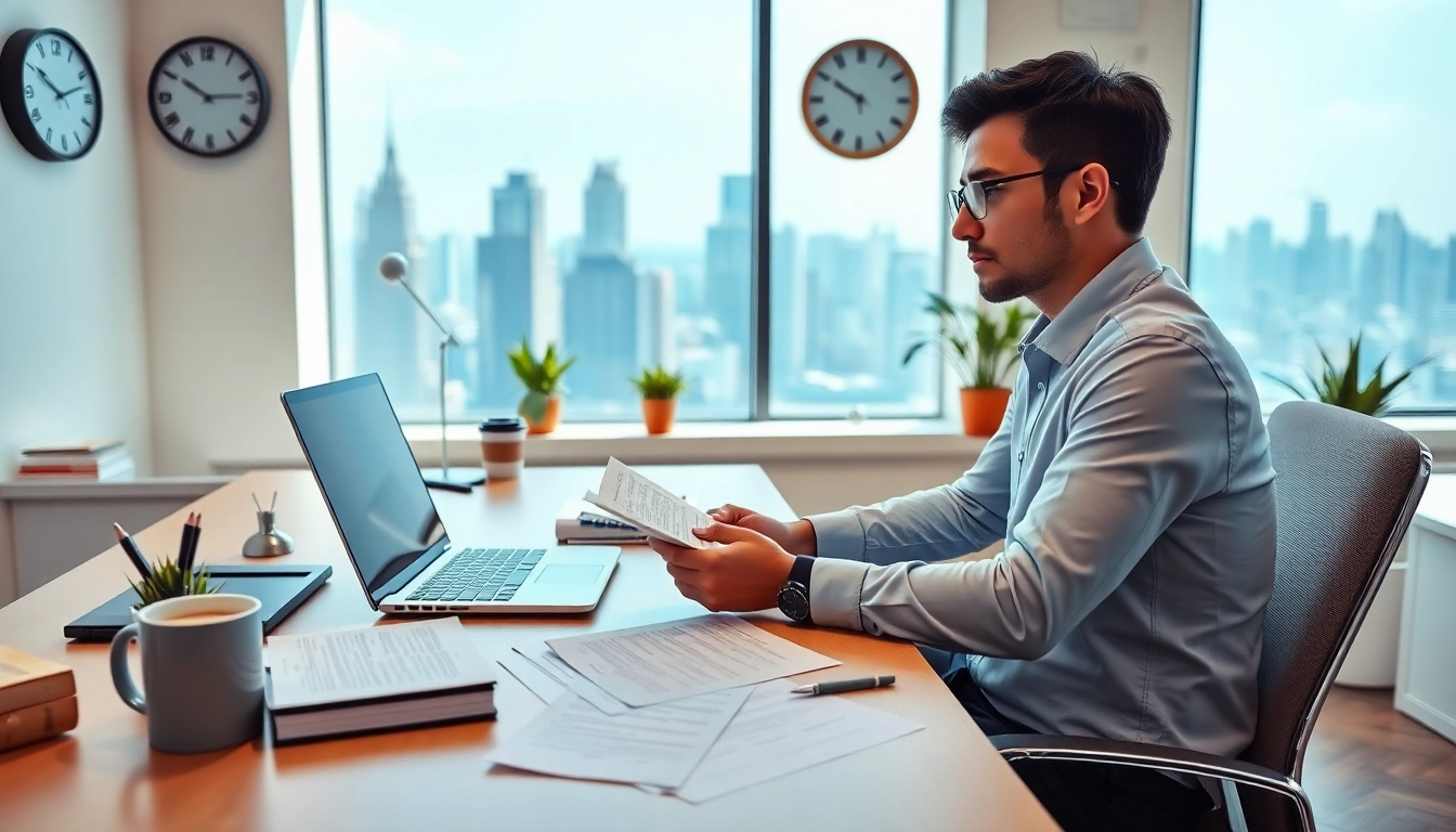 Professional translator at work, surrounded by multilingual documents and tools, symbolizing traducător autorizat in a modern office.