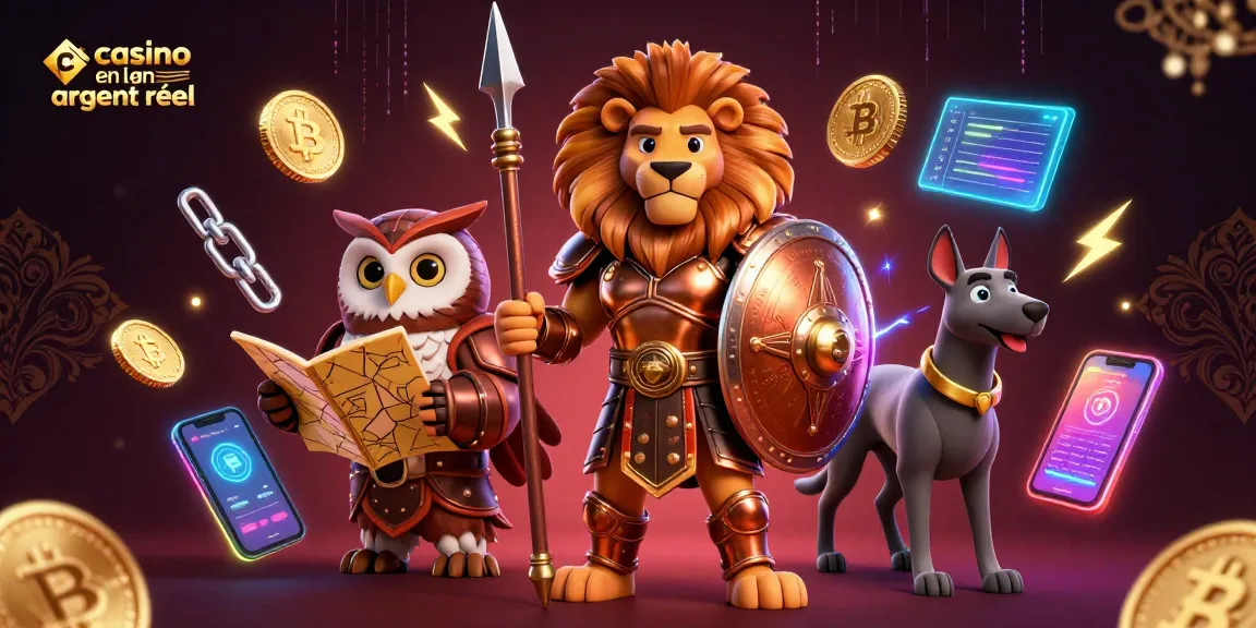 Le lion spartan en armure dans "casino en ligne argent réel" face à un stratège et un coureur.