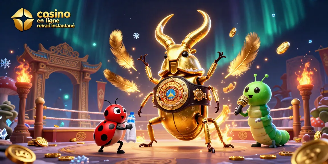 Image dynamique illustrant un casino en ligne retrait instantané avec des personnages animés dans une arène scintillante.