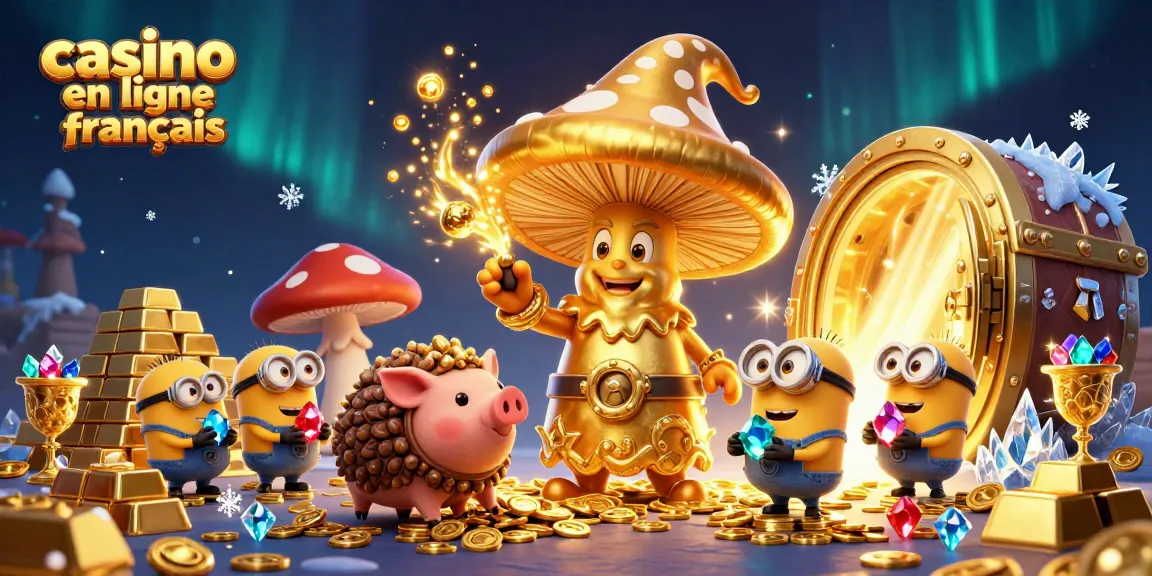Visitez le casino en ligne français avec un mage géant transformant tout en or, trésors et gemmes scintillantes.