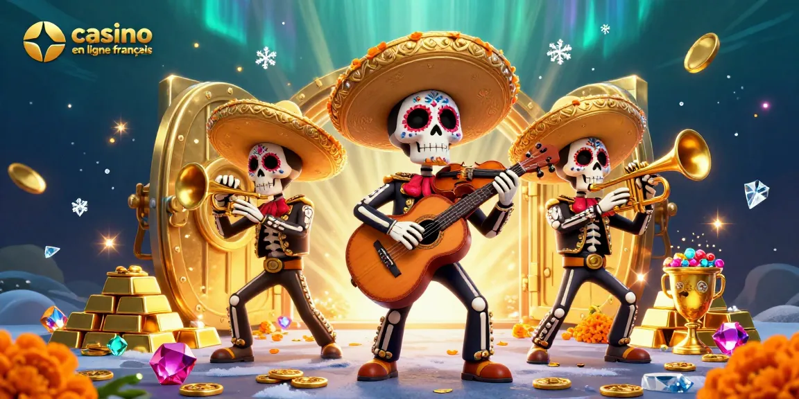 Casino en ligne français : une scène animée avec une bande de mariachi entourée de joyaux et d'or
