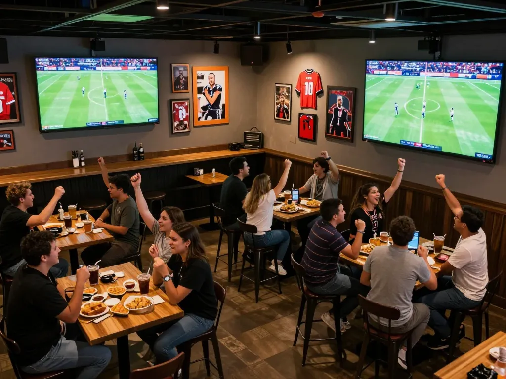 Cakhia TV fans enjoying live football matches at a vibrant sports bar filled with excitement