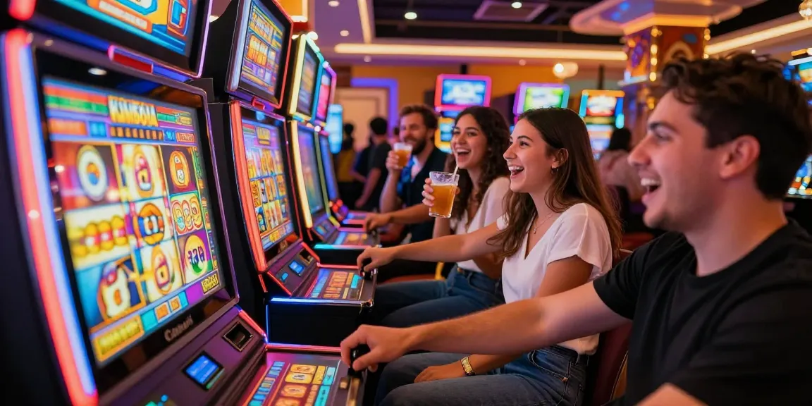 Friends enjoying the excitement of kamboja slot machines in a lively casino atmosphere.