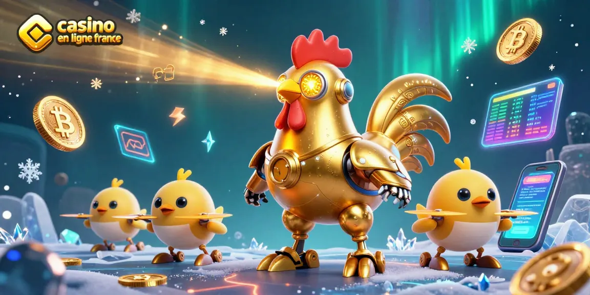 Casino en ligne France : Illustration dynamique avec un robot coq et des drones, métaux brillants et pièces de crypto.