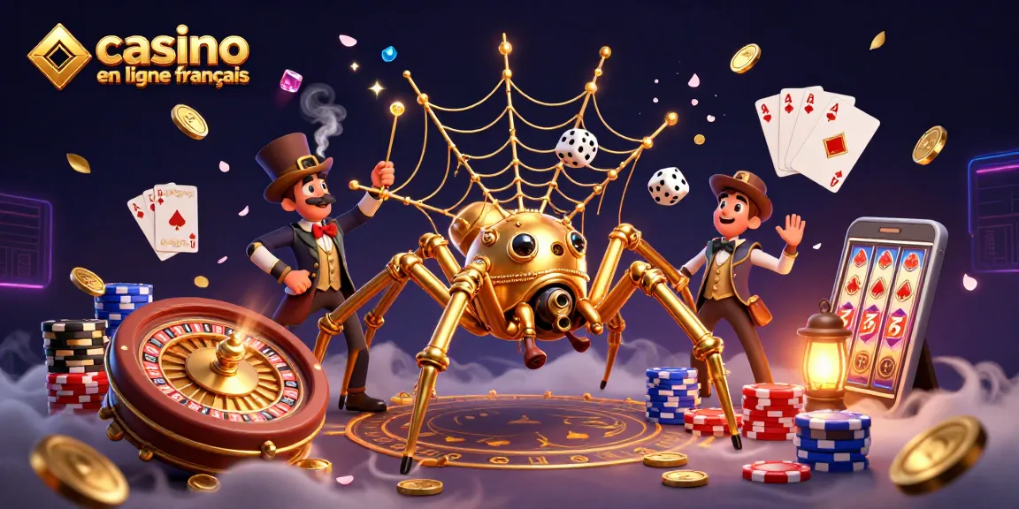 Illustrez le jeu avec "casino en ligne francais", une araignée steampunk capturant des dés chanceux.