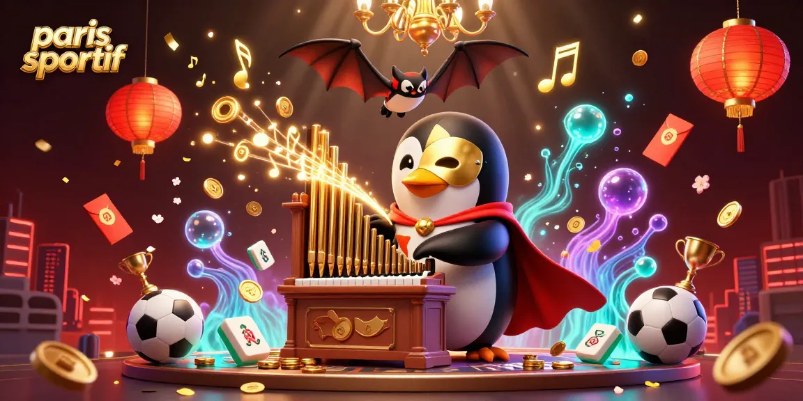 Pariez sur paris sportif avec un pingouin en masque d'or jouant de l'orgue dans une scène festive.
