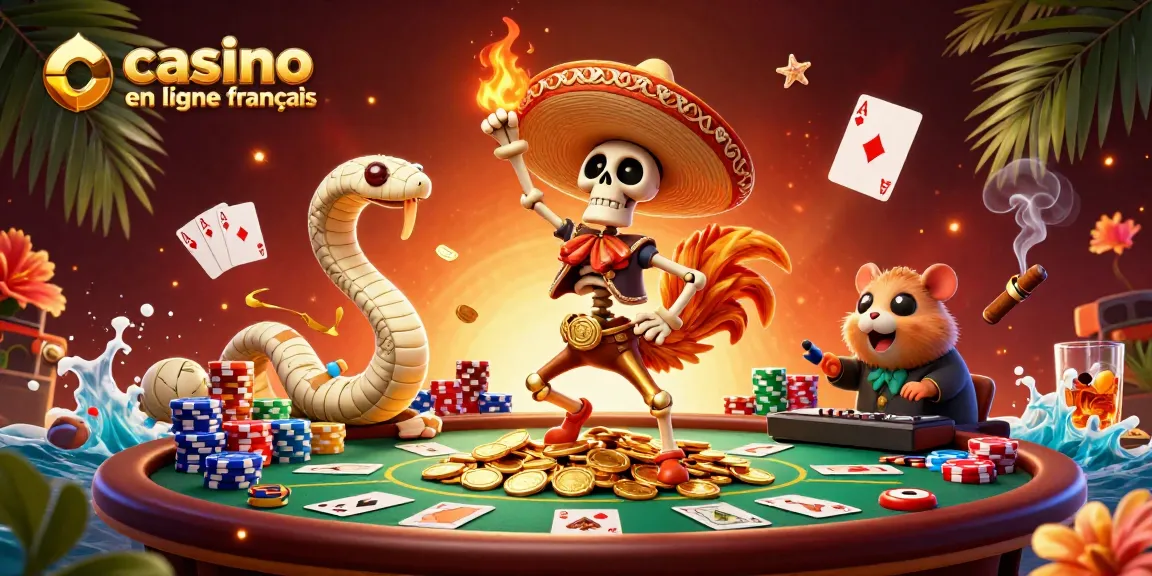 Illustration dynamique avec un rooster mariachi et un hamster DJ sur un tas de pièces pour le casino en ligne français.