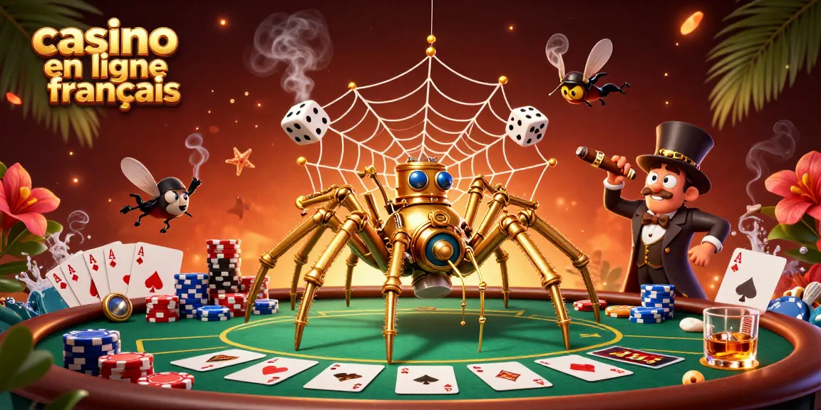 Illustration de casino en ligne français avec une araignée steampunk dorée et des éléments de poker colorés.