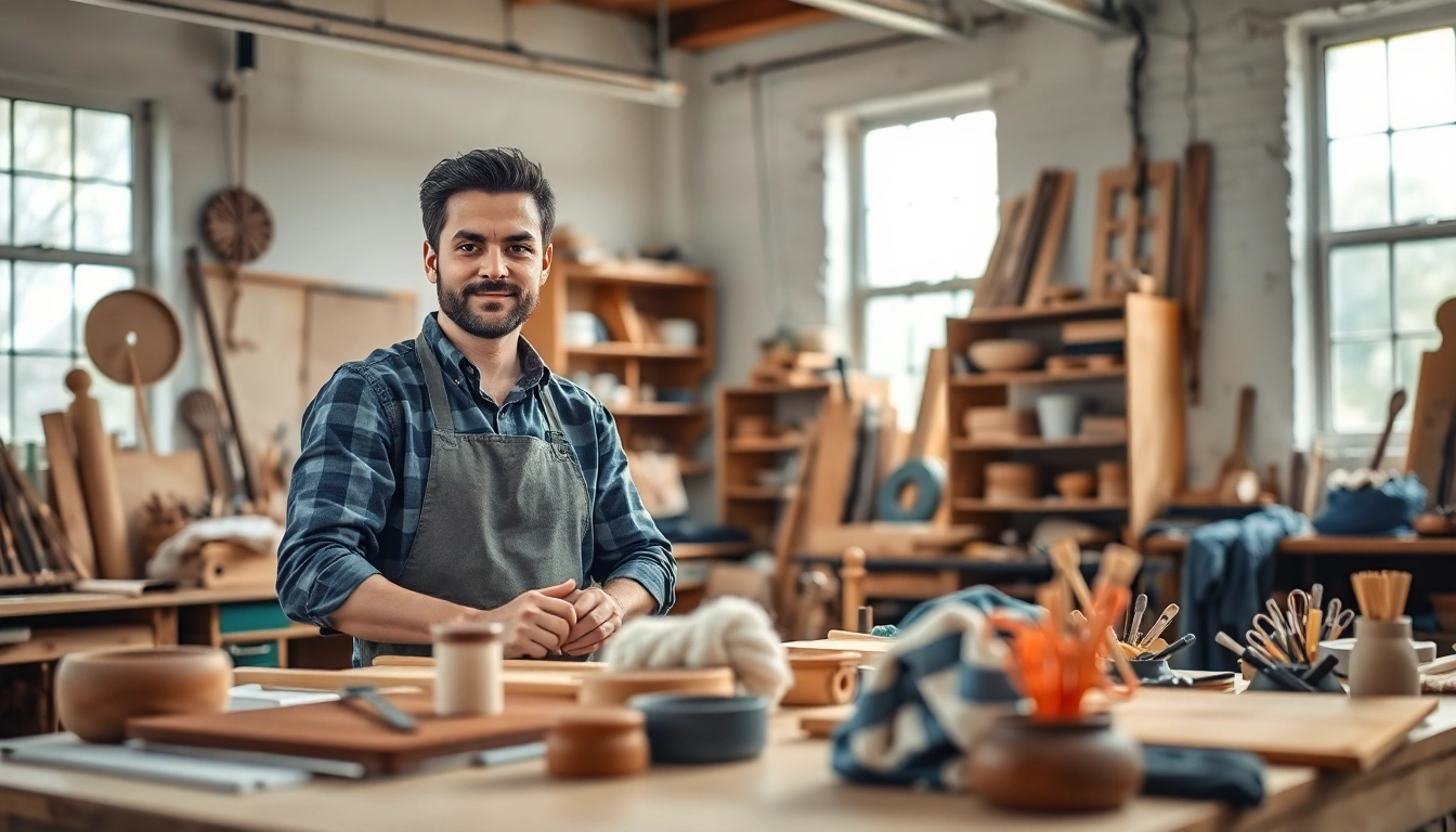 Artisan demonstrating craft training techniques with tools in a well-lit workshop.