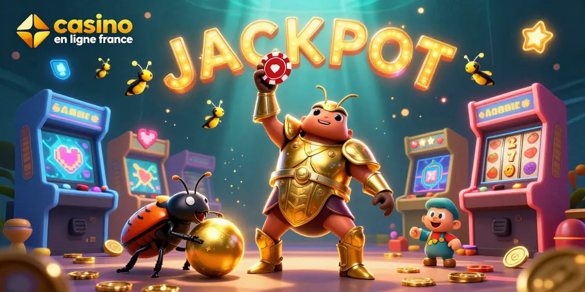 Le jackpot dans un casino en ligne France, avec un scarabée victorieux et des éléments de jeu animés.