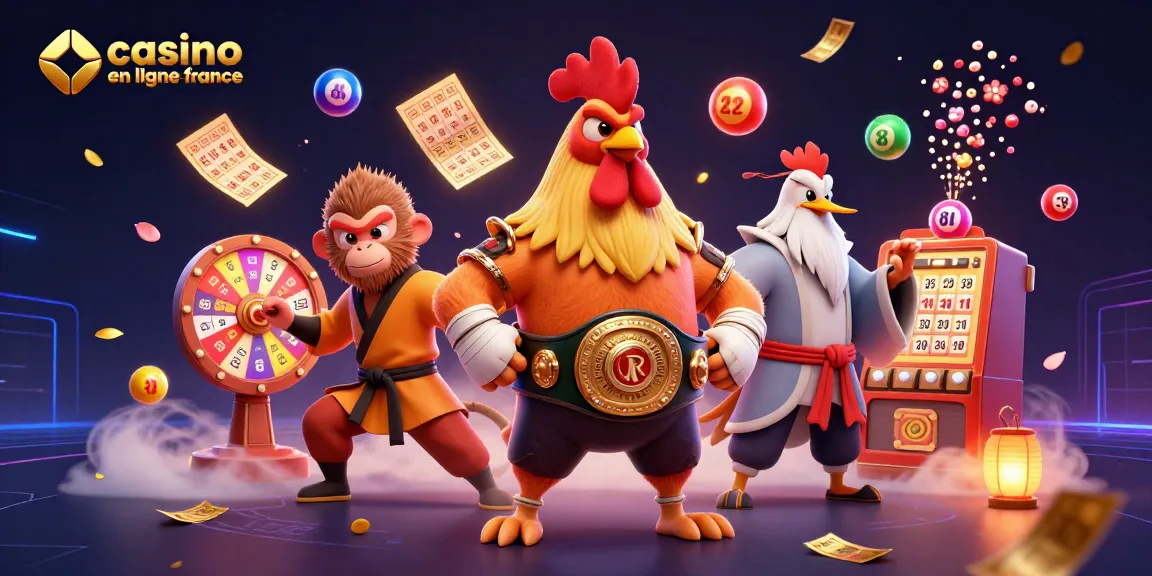 Jouez au casino en ligne France avec des personnages de jeux captivants et des éléments de loterie colorés en action.
