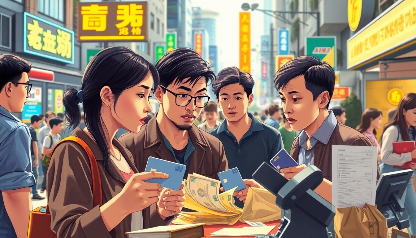 카드깡을 주제로 한 거리에서의 금융 사기 장면을 묘사한 일러스트레이션