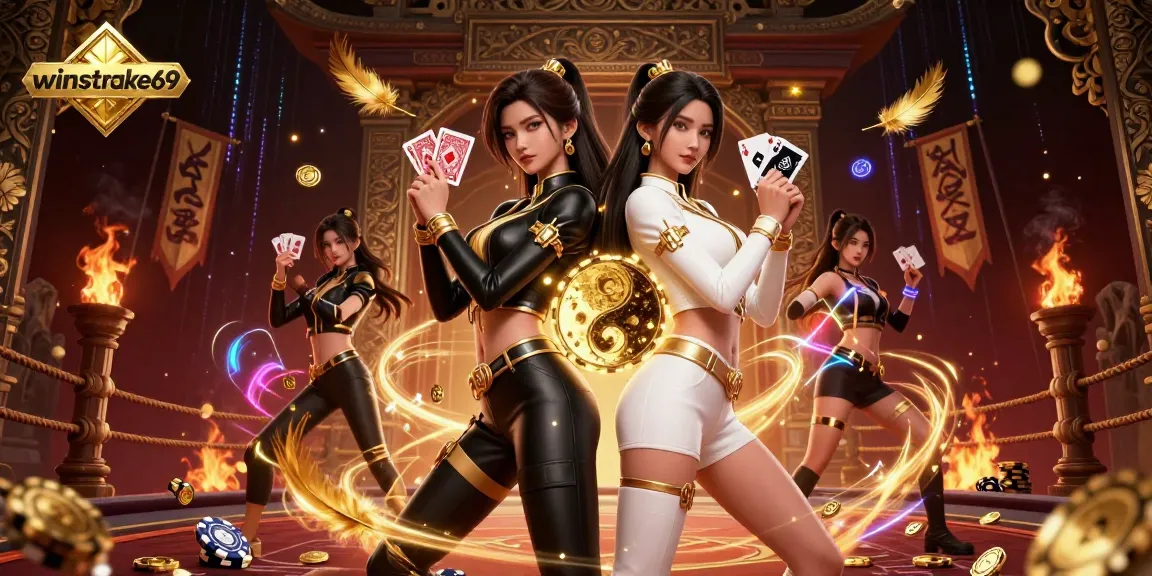 Experience the excitement of winstrike69 with stunning twin Asian women showcasing card skills in a rich casino setting.