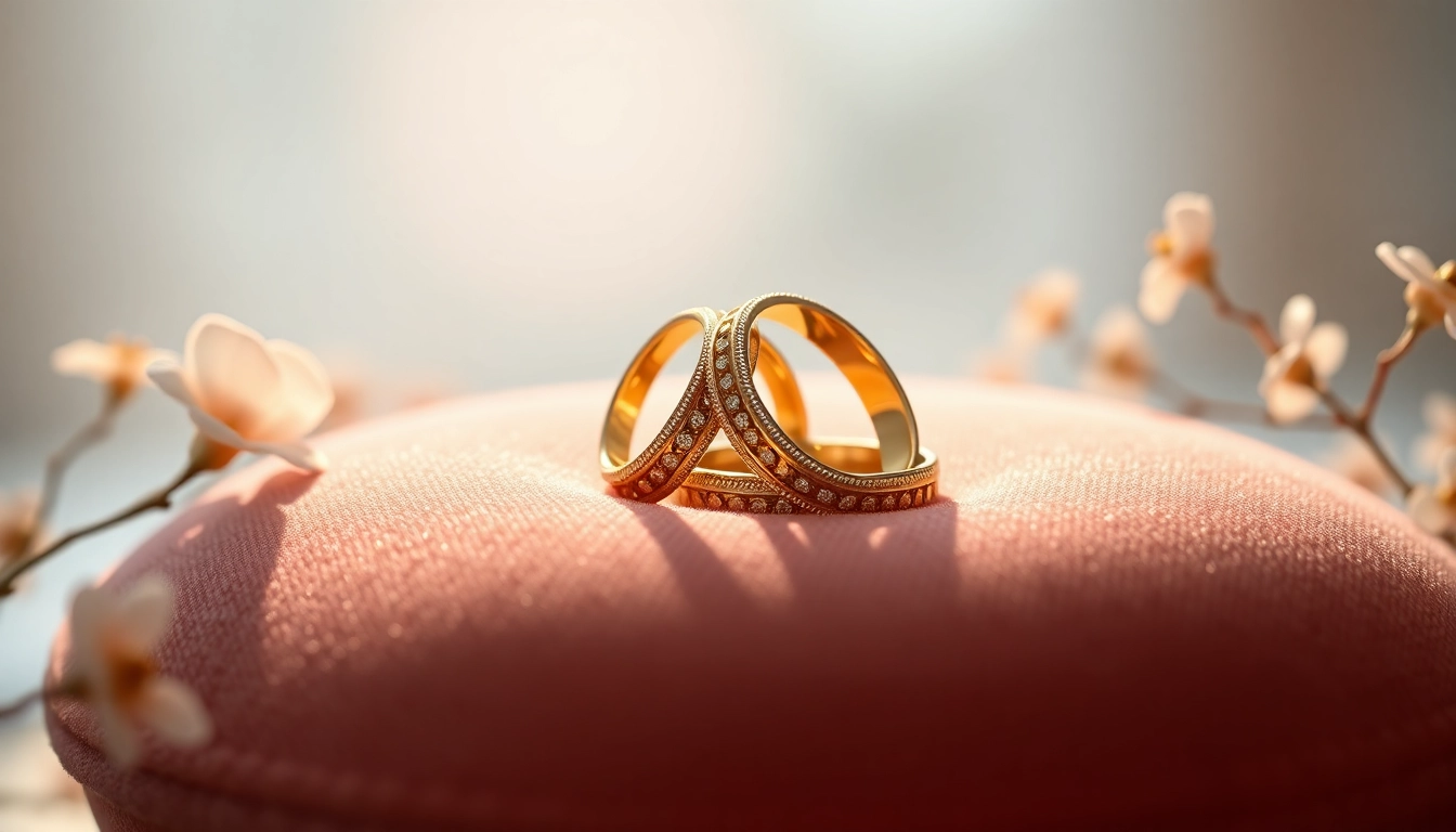 Beautifully crafted wedding bands nestled on a velvet cushion, radiating elegance and romance.