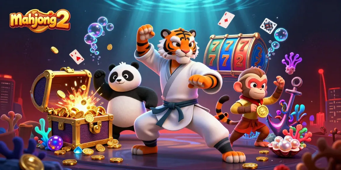 Engage in thrilling mahjong 2 gameplay with colorful slot reels and energetic animated characters.