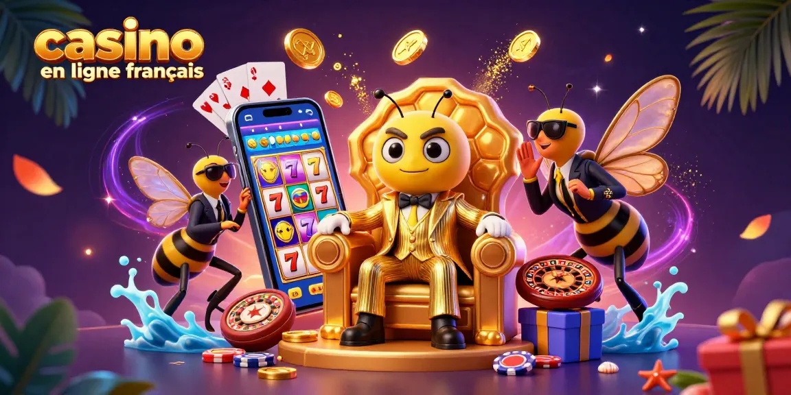 Illustration d'un bumblebee boss en costume de luxe au cœur d'un casino en ligne français animé.