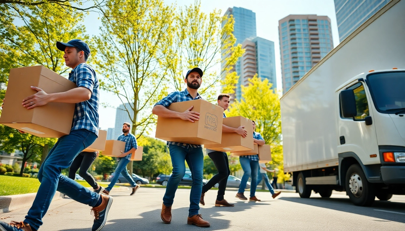 Moving company Vancouver team efficiently transferring boxes amid a vibrant city backdrop.