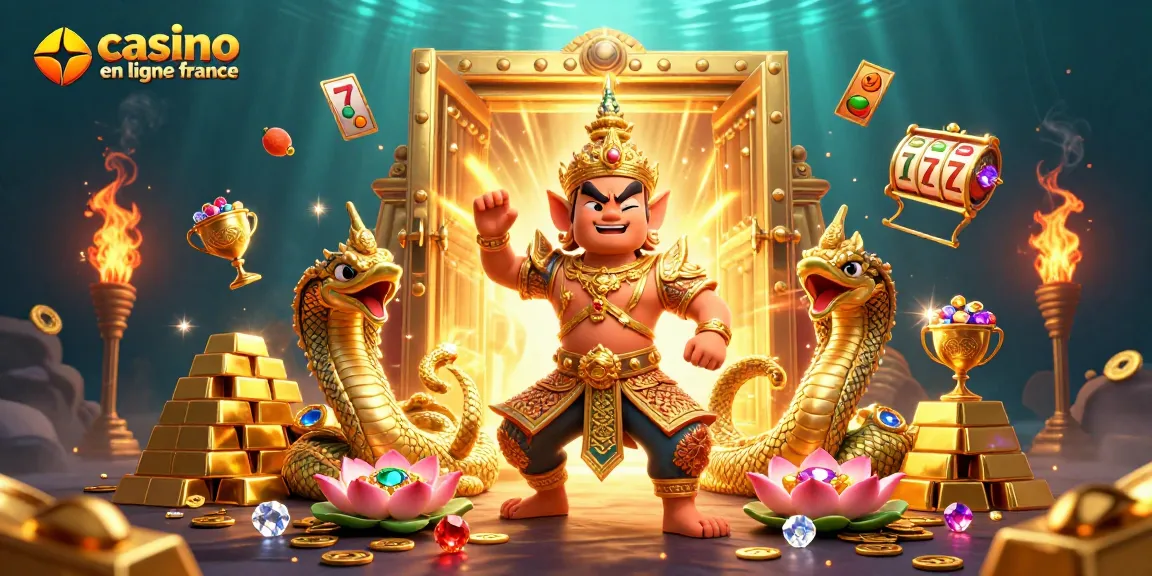 Découvrez les trésors d'un casino en ligne France avec une illustration de gardien en armure dorée, accompagnée de serpents Naga.