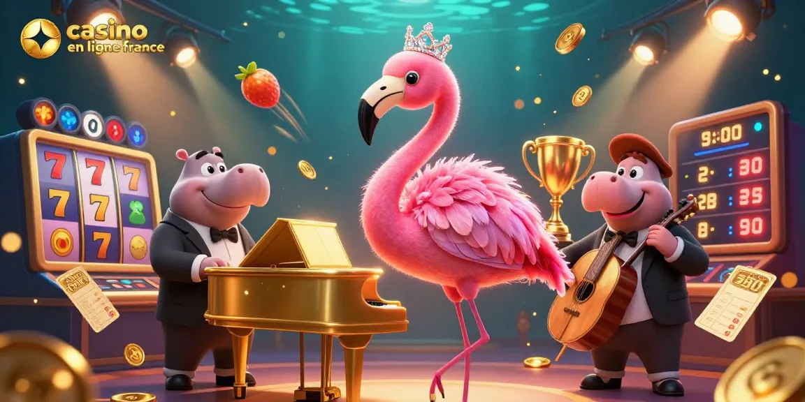 Casino en ligne France avec un flamant chanteur et un hippopotame musicien enrichi de jackpots et symboles
