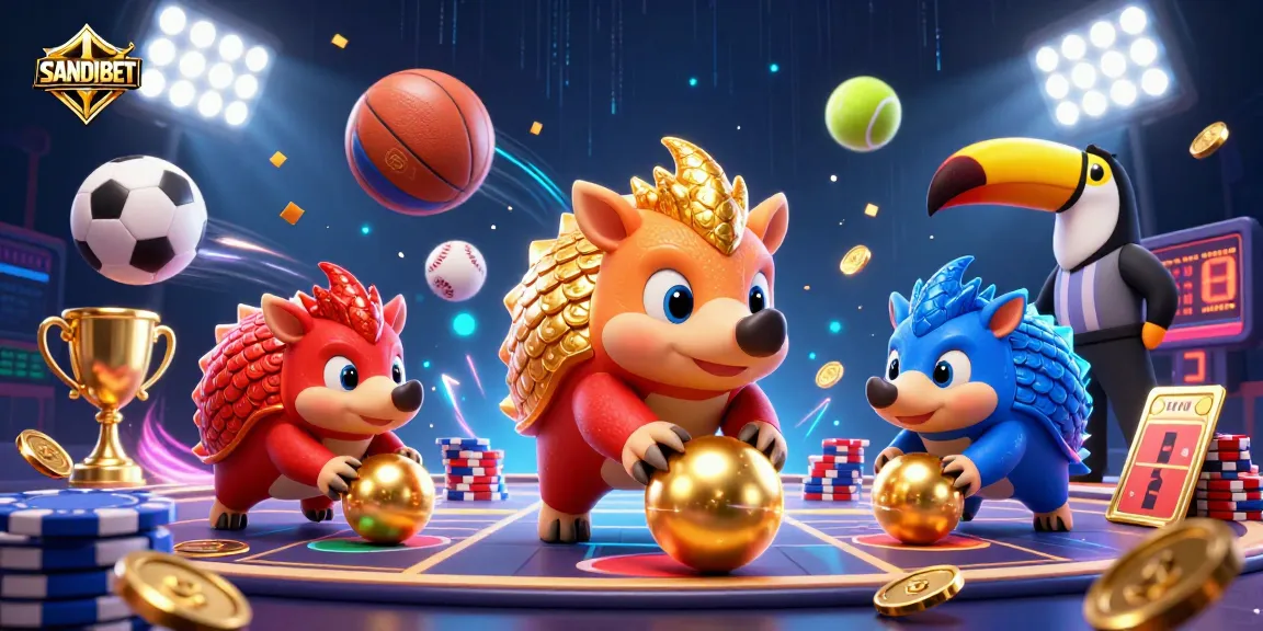 SANDIBET pangolins compete in a dynamic casino scene with poker chips and sports balls.