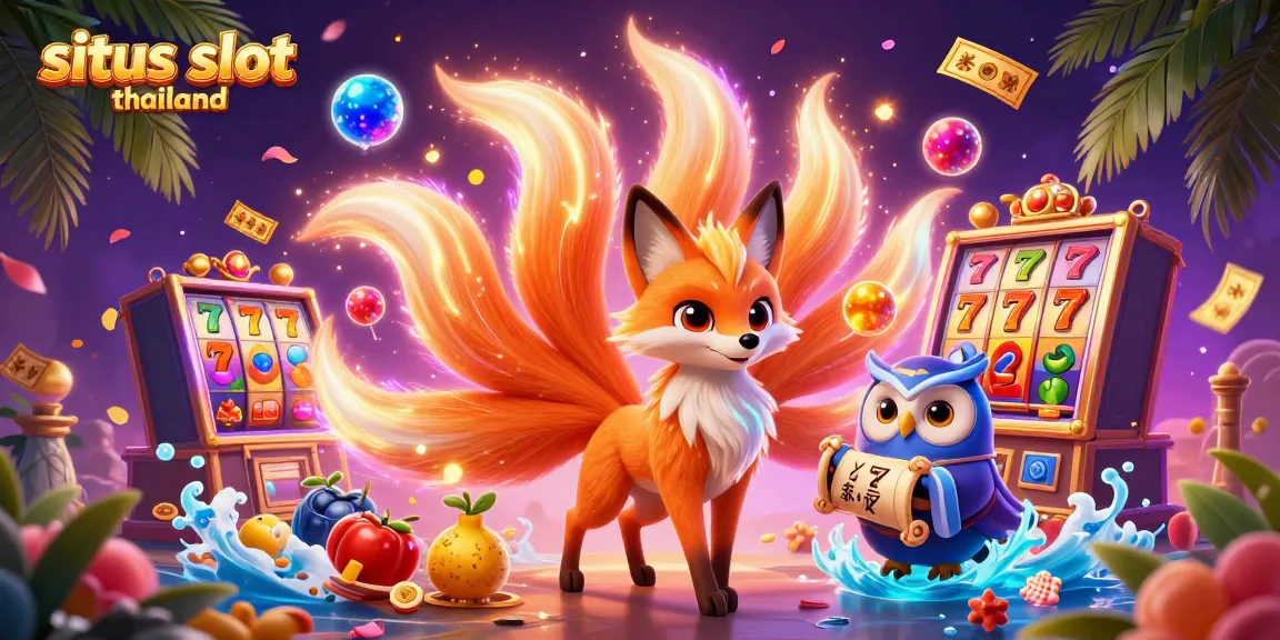 Situs slot thailand showcases a vibrant 3D scene with a glowing fox spirit and slot game elements filled with exciting visuals.