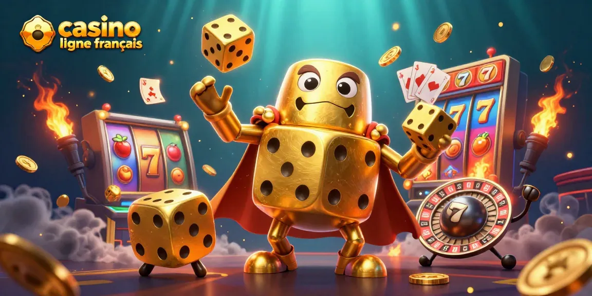 Jouez au casino en ligne français avec des éléments de jeu vibrants et des dés dorés.