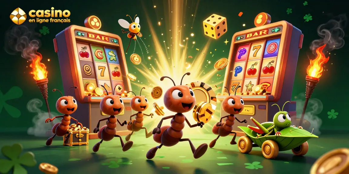 Des fourmis transportent une puce de poker dorée dans un casino en ligne français vibrant de feux d'artifice.