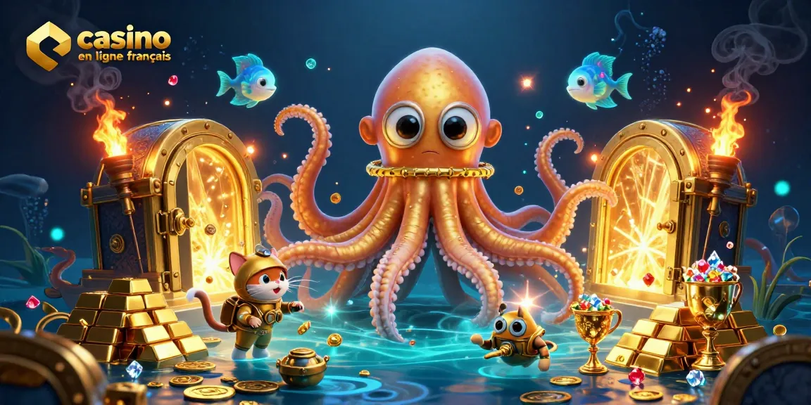 Jouez dans un casino en ligne français avec un kraken doré et un chat plongeur au milieu de trésors marins.