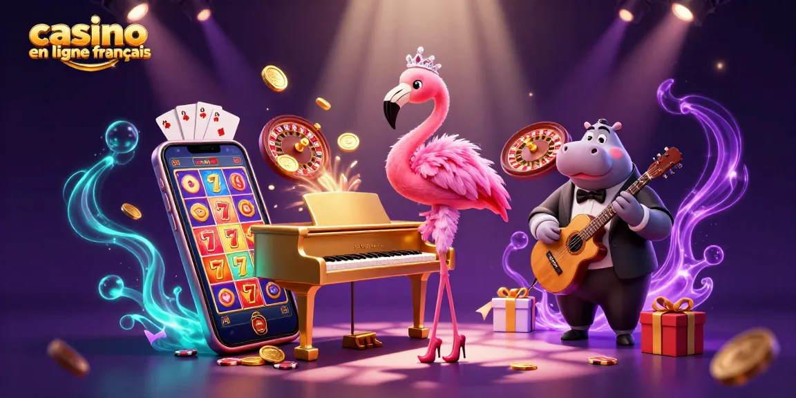 Visuel dynamique de casino en ligne français avec un flamant rose chanteur et un hippopotame bassiste.