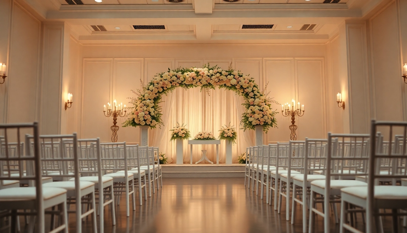 Stunning Wedding Event Space Jacksonville featuring elegant altar, floral decorations, and romantic ambiance.