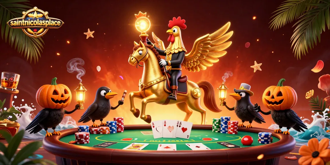 Engage with saintnicolasplace at a vibrant midnight casino scene featuring a golden rooster and magical poker elements.
