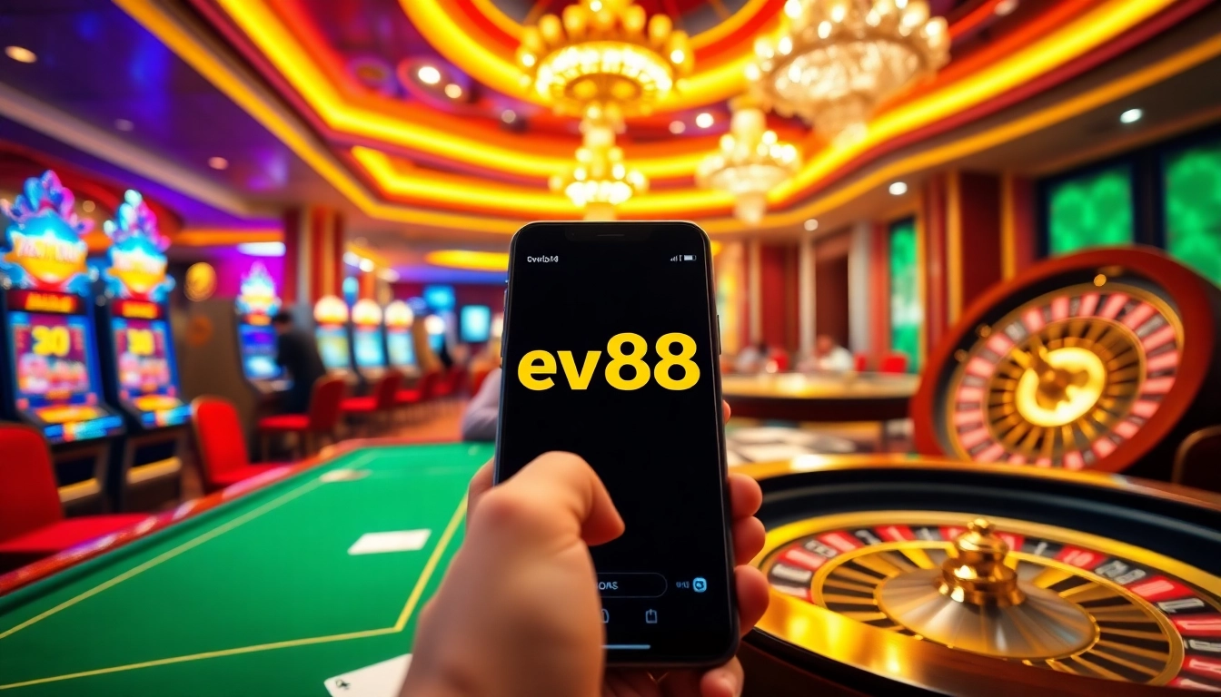 Engaging poker table scene at ev88, showcasing luxury gaming with colorful slots and a roulette wheel.