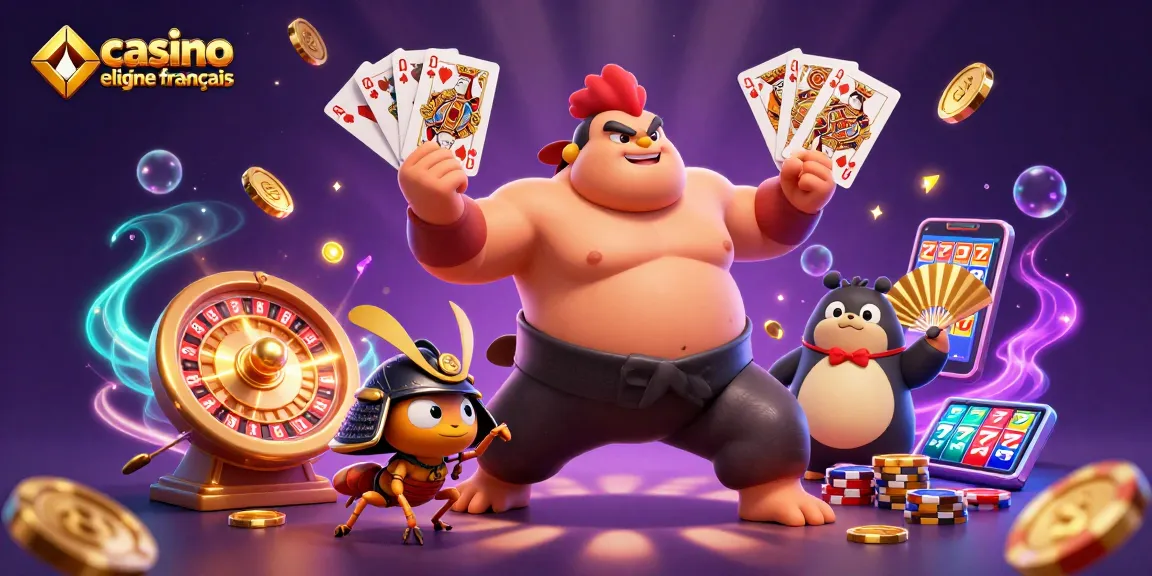 Illustration 3D d'un casino en ligne français avec un coq sumo puissant et un cricket samouraï, entourés de jeux de casino.