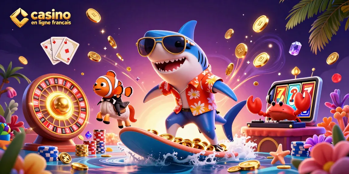 Venez découvrir un monde de jeux avec le casino en ligne français où un requin-hammer en chemise hawaïenne surfe sur des pièces d'or.