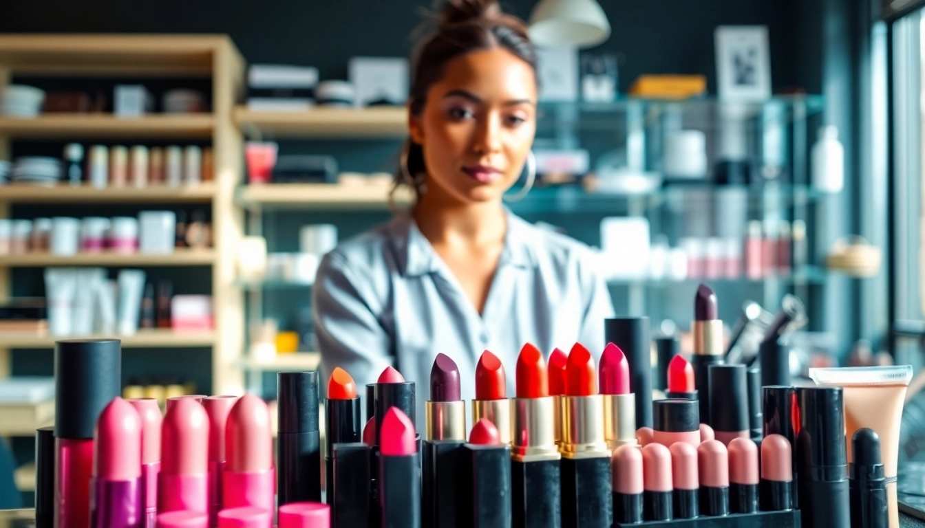 Showcasing wholesale make up products artistically arranged for beauty enthusiasts.